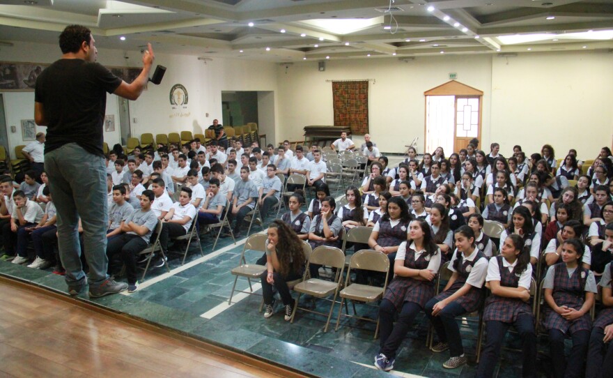 Karzoun speaks at a school in the West Bank. "People do not believe in peace anymore," Karzoun says. "But you need to at least to have peace with yourself."
