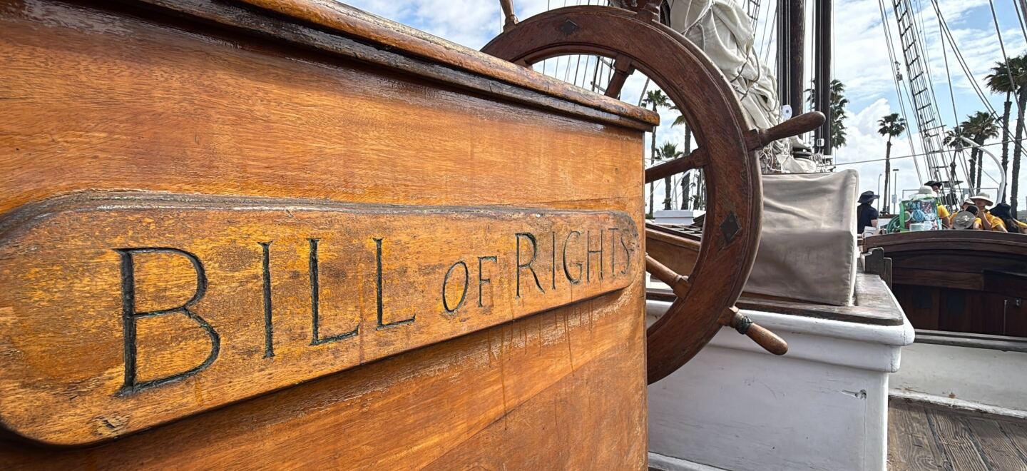 The Bill of Rights displays its name on the wheel of the ship, April 1, 2026.
