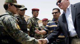 Defense Secretary Robert Gates greets Iraqi soldiers at a base in Talil, Iraq, where they serve with American troops.  Gates is on a two-day visit to Iraq.