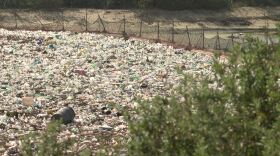 Trash caught by a barrier in a Goat Canyon capture basin near the U.S. Mexico border on Dec. 20, 2018.