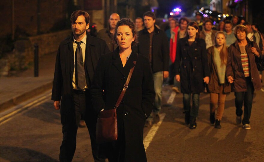 DAVID TENNANT as Alec Hardy, OLIVIA COLMAN as Ellie Miller, ANDREW BUCHAN as Mark Latimer, JODIE WHITTAKER as Beth Latimer, CHARLOTTE BEAUMONT as Chloe Latimer and SUSAN BROWN as Liz Roper