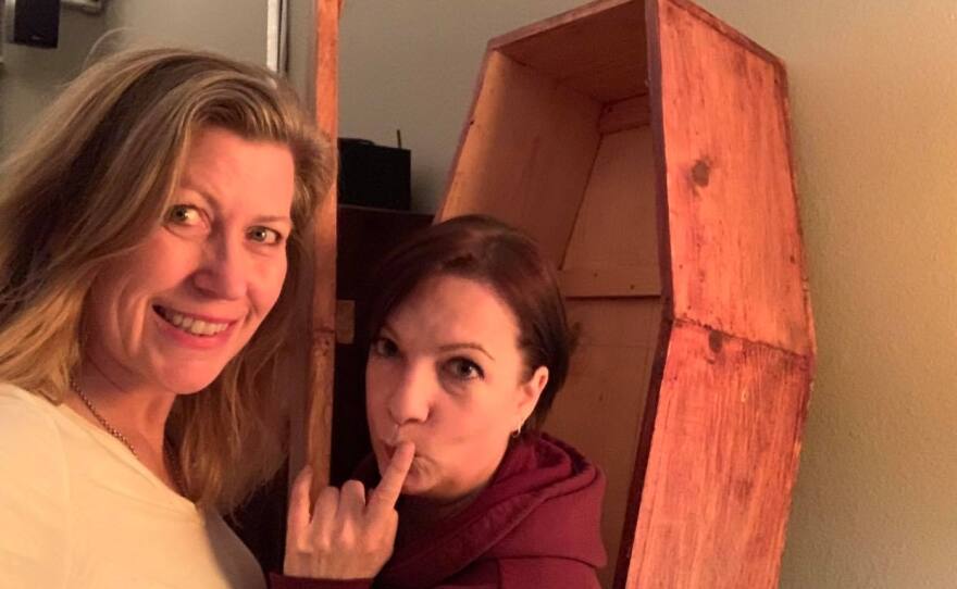 Production designer Elsa Mickelsen and actor/filmmaker Pia Thrasher with one of the coffin props for "Things We Dig."