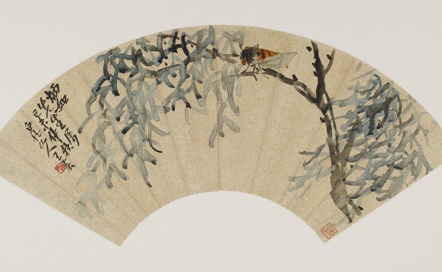 Wang Zhen,<em> Cicada on tree branch,</em> Modern period, 1919, Fan mounted as album leaf, ink on gold-flecked paper, Gift of Robert Hatfield Ellsworth in honor of the 75th Anniversary of the Freer Gallery of Art, F1998.222.2