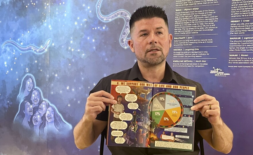 "Beyond Gaming" author Ethan Banegas holds up a copy of his comic book inside of the Kumeyaay Visual Storytelling Project exhibition, July 17, 2025.