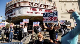 People celebrate the victory of President-elect Joe Biden and Vice President-elect Kamala Harris in Oakland, Calif., on Saturday, Nov. 7, 2020. 