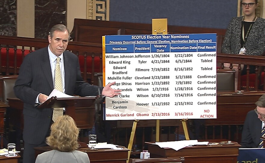In this screenshot from video provided by Senate Television, Sen. Jeff Merkley, D-Ore., speaks on the floor of the Senate on Wednesday.