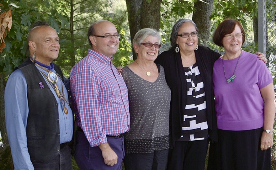 Commissioners of the Maine Wabanaki Truth and Reconciliation Commission (TRC). Left to right: gkisedtanamoogk (Mashpee Wampanoag), Matt Dunlap, Carol Wishcamper, Sandy White Hawk (Sicangu Lakota) and Gail Werrbach.