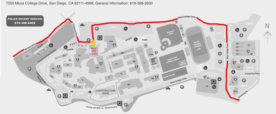 San Diego Mesa College Art Gallery is identified by the yellow star on the map. Park in Lot 1 in parking spots designated for students.