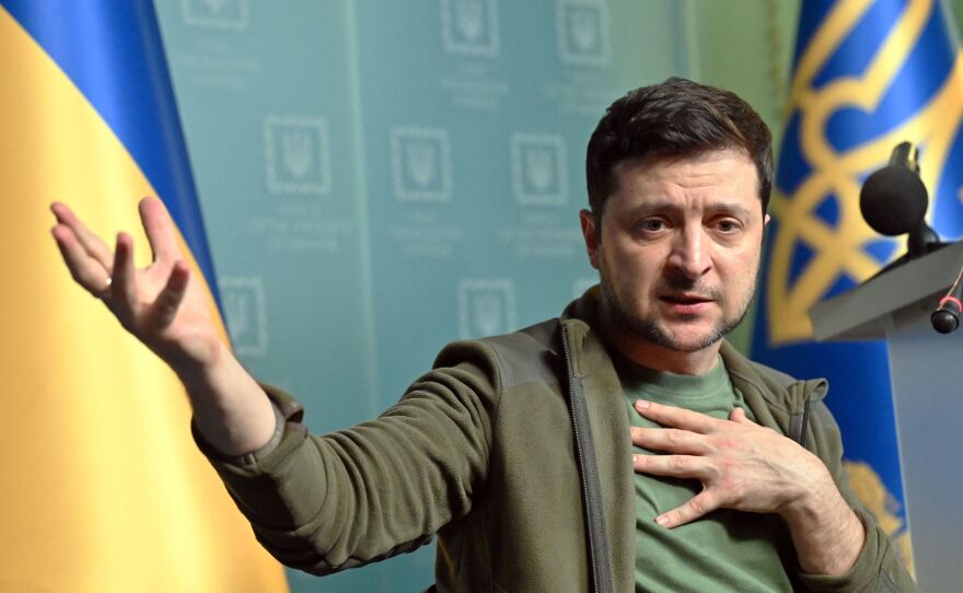 Ukrainian President Volodymyr Zelensky, seen here in a March 3 file photo, pressed the U.S. Congress for help getting fighter jets during a call on the weekend.