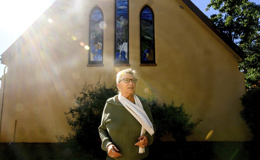 Gwen Nordgen stands outside Paradise Lutheran Church, which she leads as church council president, Thursday, Oct. 26, 2023, in Paradise, Calif. 