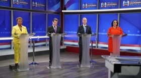 U.S. Senate candidates (from left) Rep. Barbara Lee, Steve Garvey, Rep. Adam Schiff and Rep. Katie Porter during a televised debate at KRON4 studio in San Francisco on Feb. 12, 2024. 