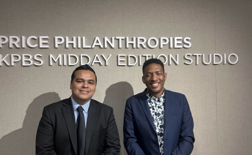 National City mayoral candidates and councilmembers Jose Rodriguez and Marcus Bush pose at KPBS' Midday Edition studio on October 26, 2026.