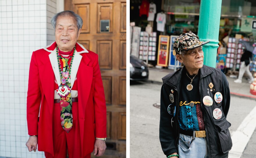 Left: 89-year-old You Tian Wu poses outside of a dim sum restaurant on Broadway in San Francisco. "When you're young you don't have to care about fashion," he said. "But when you're old, you have to." Right: Angie "No Good" models a cap encrusted with enamel pins from his travels around the world.