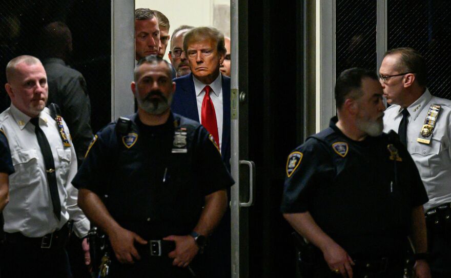 Trump arrives at the courtroom at the Manhattan Criminal Court in New York in April.