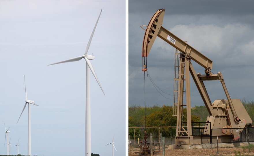 Wind turbines near Dwight, Ill. and a pump jack in Cotulla, Texas. The presidential candidates have opposing views on the future of U.S. energy.