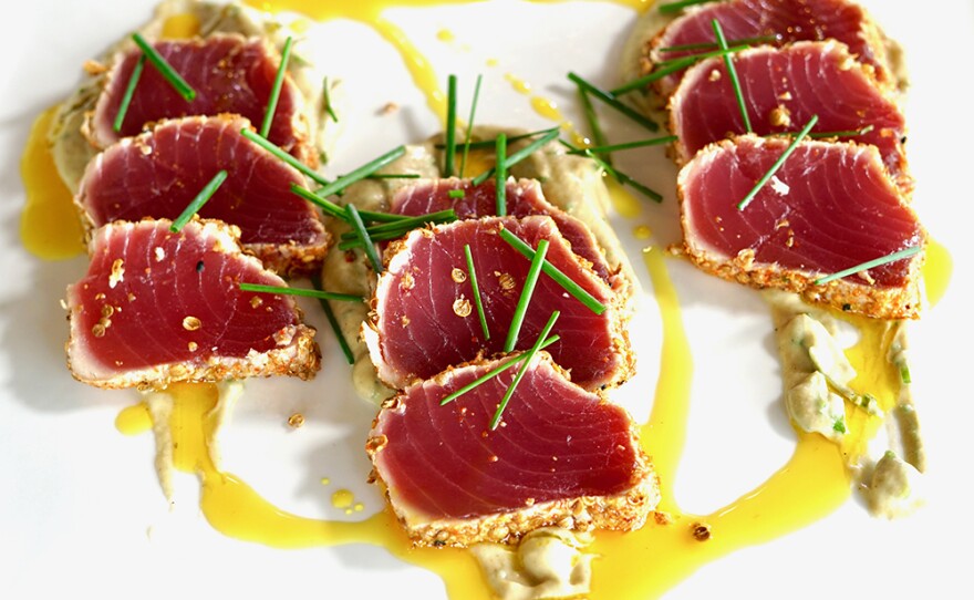 Chef Ming Tsai makes a Tuna Tataki served up with Eggplant Caviar and a drizzle of Curry Oil.