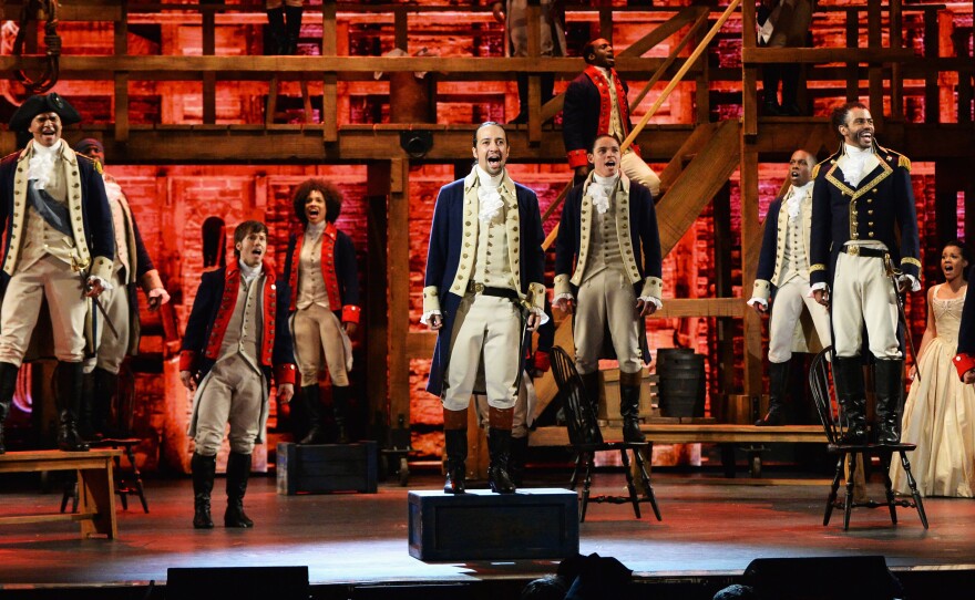 Christopher Jackson, Lin-Manuel Miranda, Anthony Ramos, Daveed Diggs, and the company of Hamilton perform onstage during the 70th Annual Tony Awards.