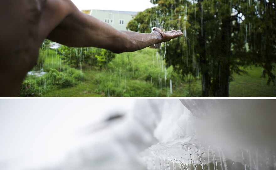 (Top image) Robert Green Sr., the grandfather of Everidge Green Jr. in the previous photo, reaches out to touch the rain falling around his rebuilt home in New Orleans' Lower Ninth Ward in August 2014. (Bottom image) Meltwater runs off a shelf of ice and snow on Horseshoe Island in the Antarctic Peninsula's Marguerite Bay in March 2022.