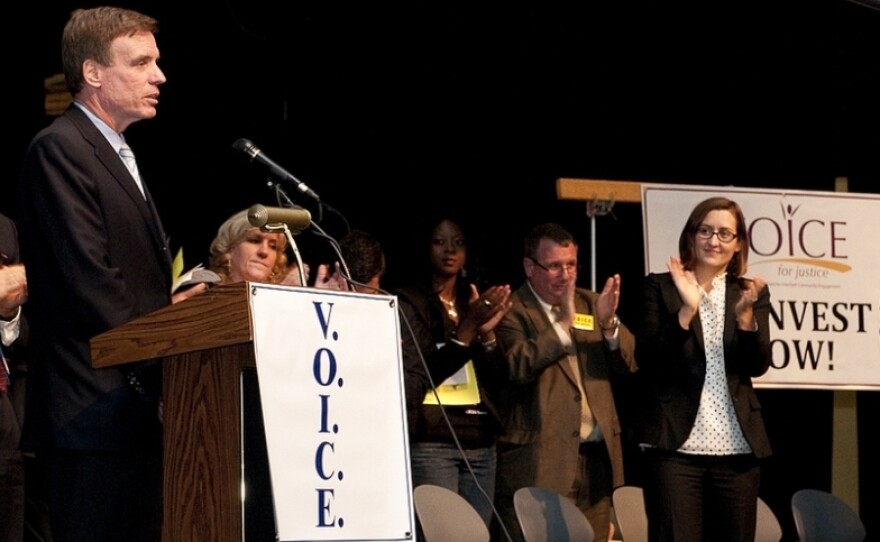 Sen. Mark Warner, D-Va., speaks at a town hall on foreclosure prevention in Woodbridge, Va., on Oct. 30.