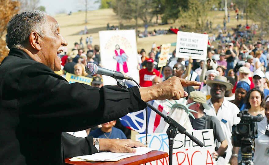 The Rev. Joseph Lowery speaks out against the war in Iraq during a rally in Piedmont Park in Atlanta on Saturday, April 1, 2006. The Rev. Lowery's remarks against the war and the Bush administration at the funeral of Coretta Scott King in February drew criticism.