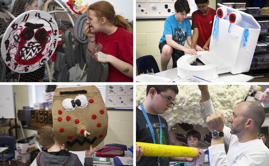 (Top left) Abigail Morris fastens the alarm clock monster to the sculpture. (Top right) Sean Morris and Rithik Kavanakudy work on the toilet swirly monster. (Bottom right) Evan Carriker listens to Mr. G as they discuss how the broken pencil will be attached. (Bottom left) Clayton Rogers holds up the pimple monster.