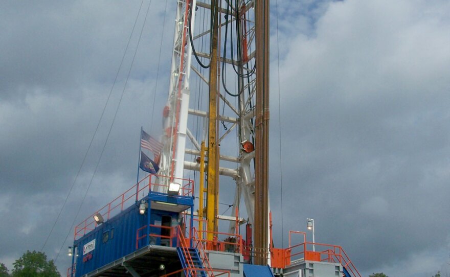 A deep drilling rig at the site of a shale rock formation in southwestern Pennsylvania. The rig, which was set up by Range Resources, a leading shale gas player, serves as a brace to support the drill.