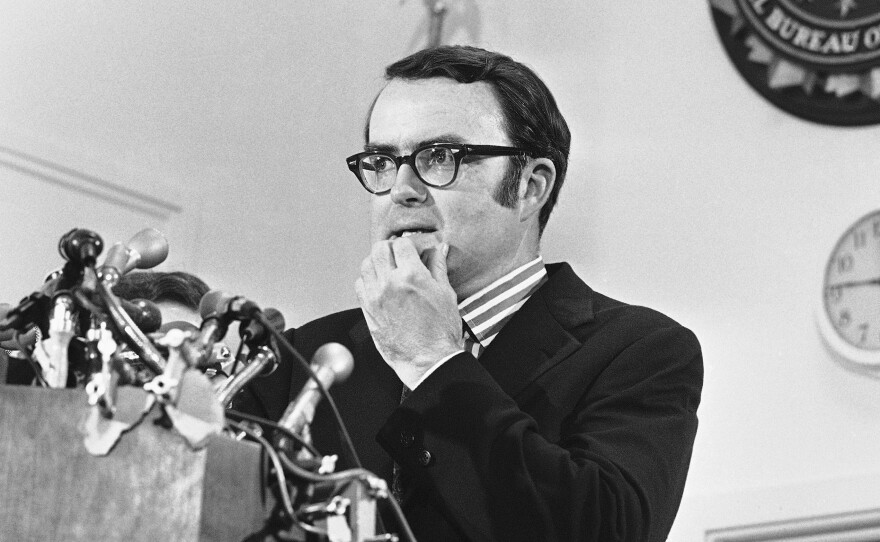 Then-acting FBI Director William D. Ruckelshaus pauses during a May 1973 news conference in Washington, D.C. Ruckelshaus died Wednesday at the age of 87.