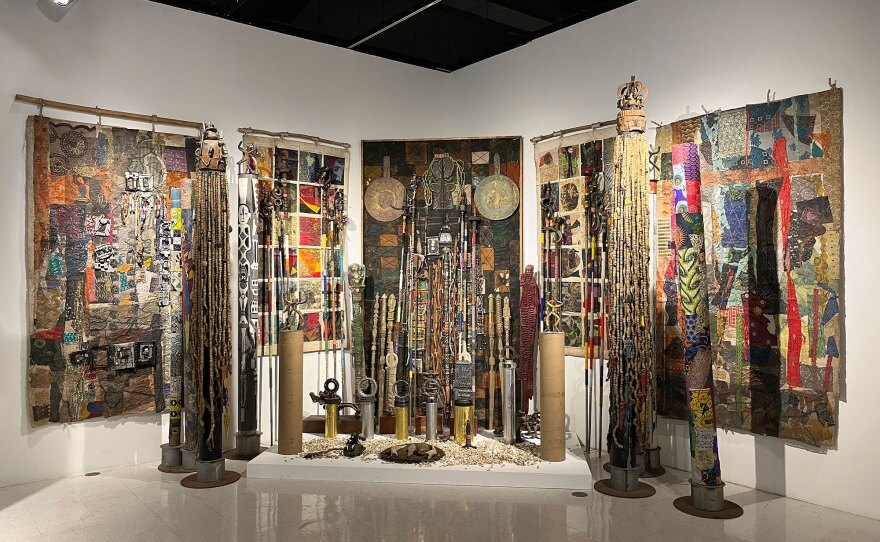 Installation view of Bruce Onobrakpeya's "Aro Eghwere (Hunter's Muse)," 2008; mixed media. The work is part of an exhibition opening at SDSU's University Art Gallery on Feb. 18, 2022.