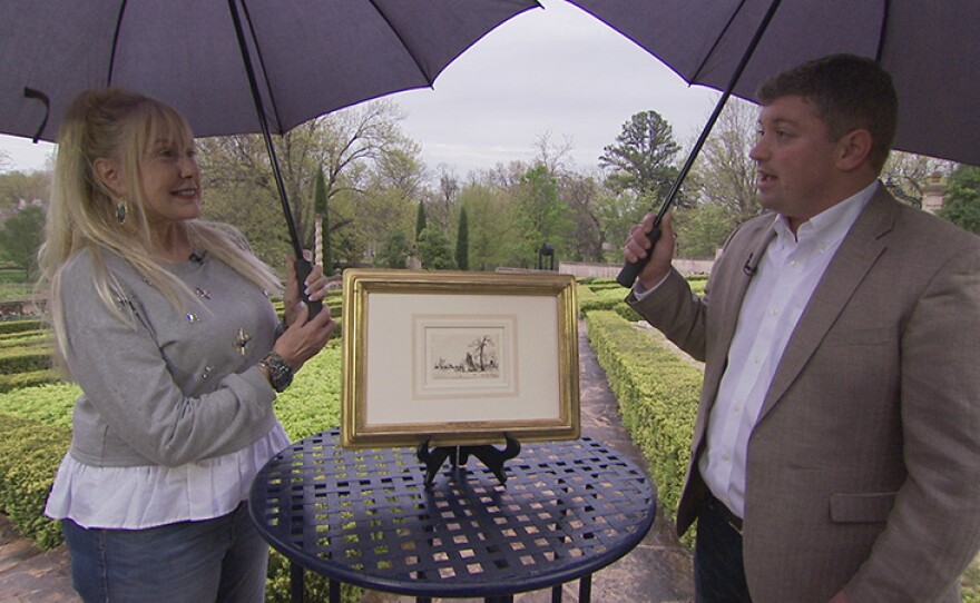 Graydon Sikes (right) appraises a 1893 Maynard Dixon pen & ink Christmas card at Philbrook Museum in Tulsa, Okla. 