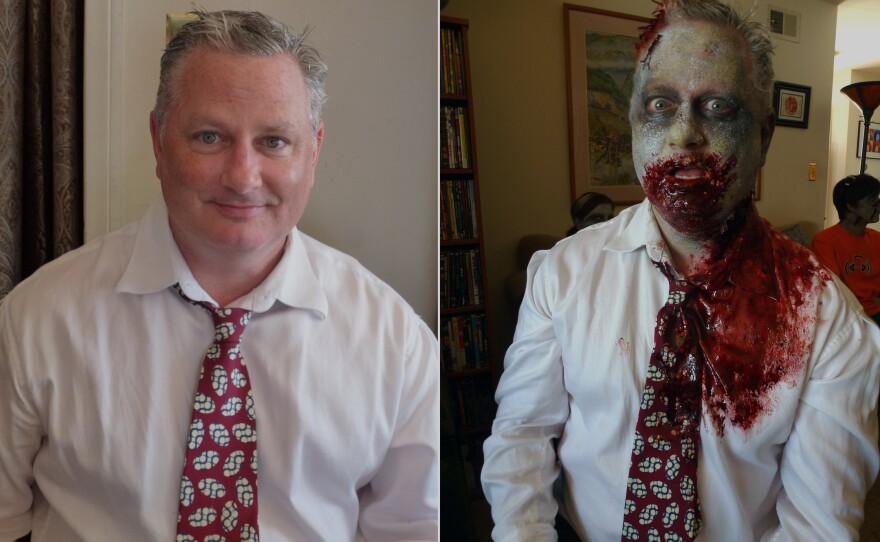 Volunteer zombie Rick Newmyer, before and after.
