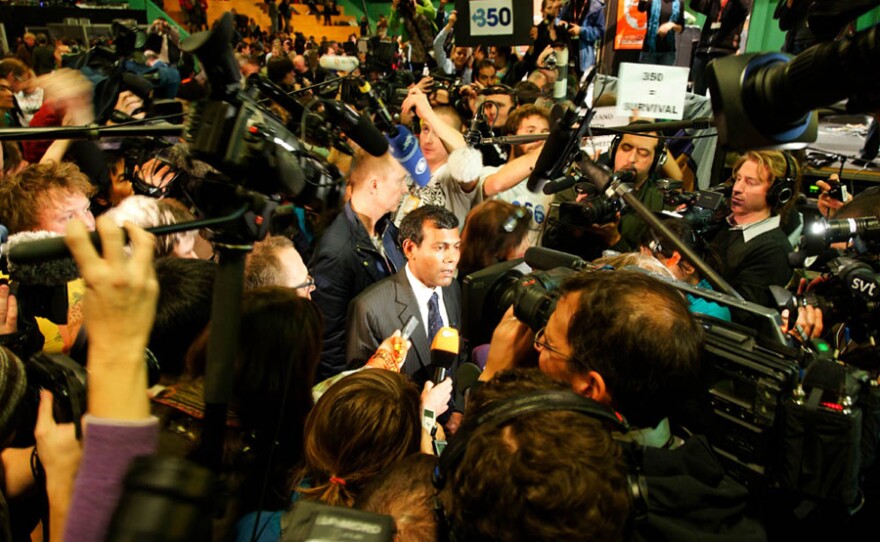 President Mohamed Nasheed is mobbed by the press following his speech at the 350.org rally, Copenhagen, Denmark. December 14, 2009.