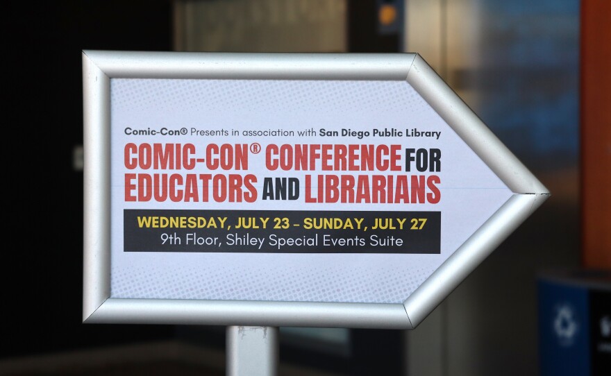 A sign for the Comic-Con Conference for Educators and Librarians at the San Diego Central Library on Wednesday, July 23, 2025.