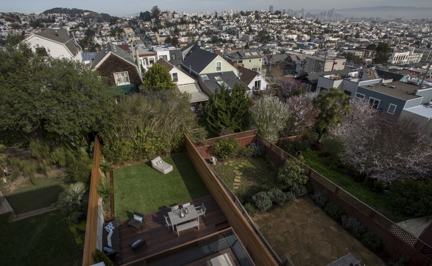 The view from the balcony of a house listed at $5.5 million in San Francisco. Income inequality in the U.S. grew worse in California and eight other states in 2018, the U.S. Census Bureau says.