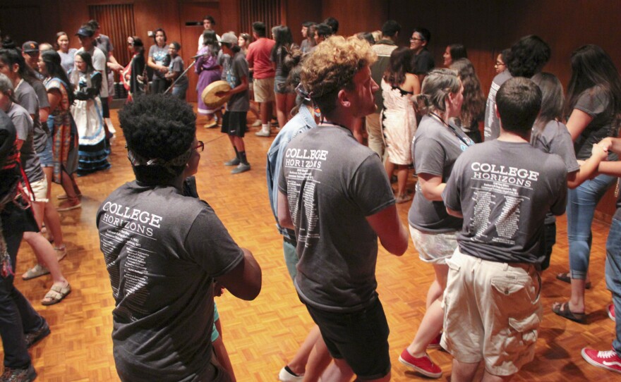Native American teenagers participate in a drum circle dance during the College Horizons summer retreat for prospective students at Lawrence University in Appleton, Wi.