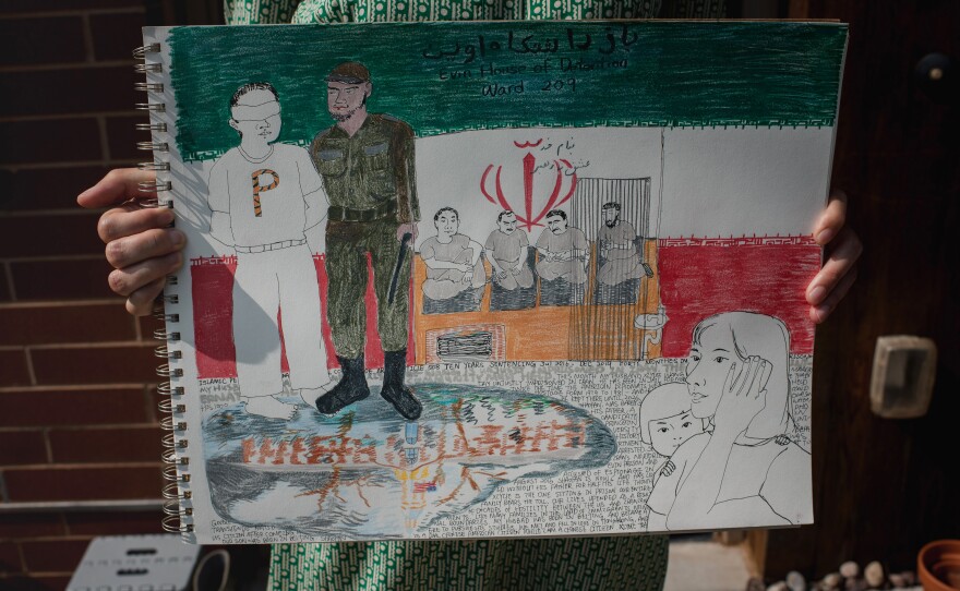 Qu made drawings to express her thoughts about what happened to her husband while he was imprisoned in Iran.