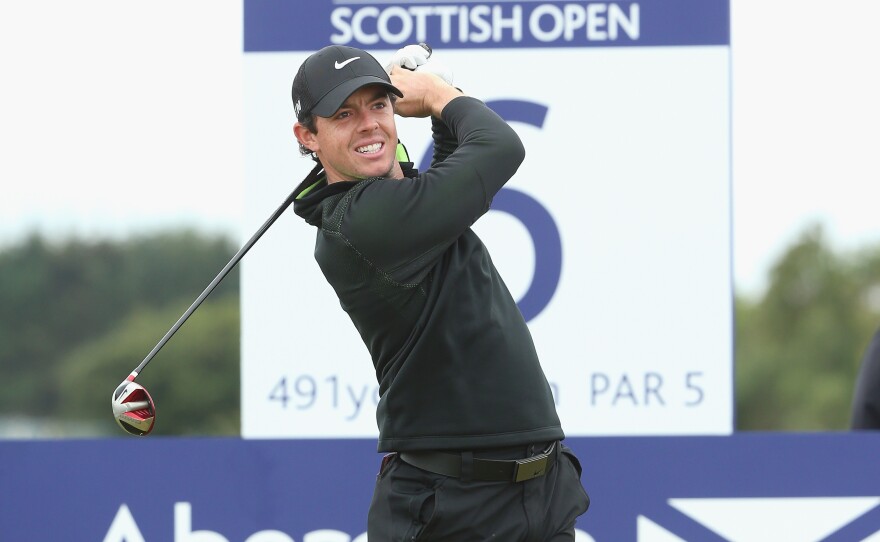 Rory McIlroy hits a drive during the Scottish Open Thursday, in a round that saw him set a new course record at Royal Aberdeen. McIlroy drove the green on the 436-yard 13th hole.
