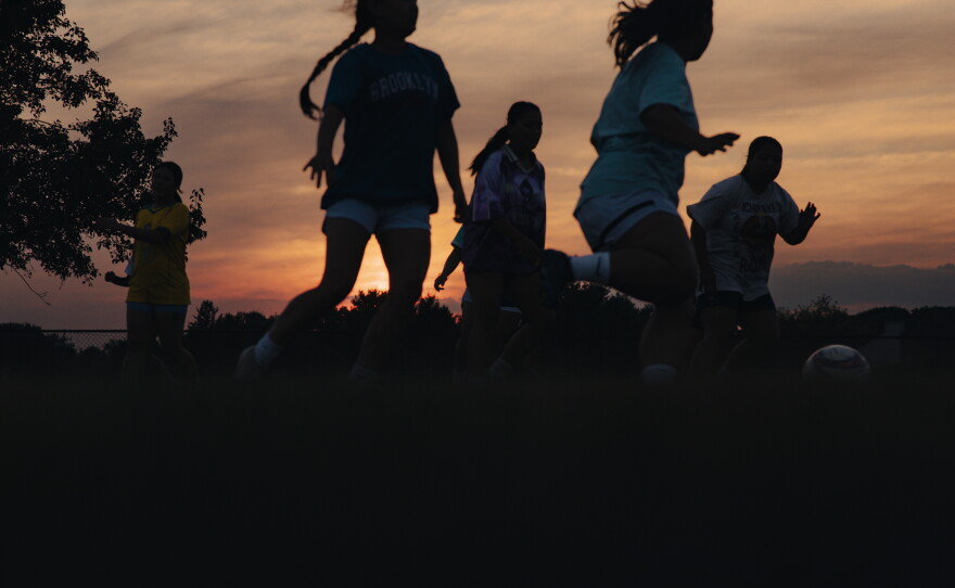 Teen girls from the Nepali-speaking Bhutanese community play soccer through the Soccer for Success program at a park in Harrisburg, Pa., on Sept. 15, 2025.