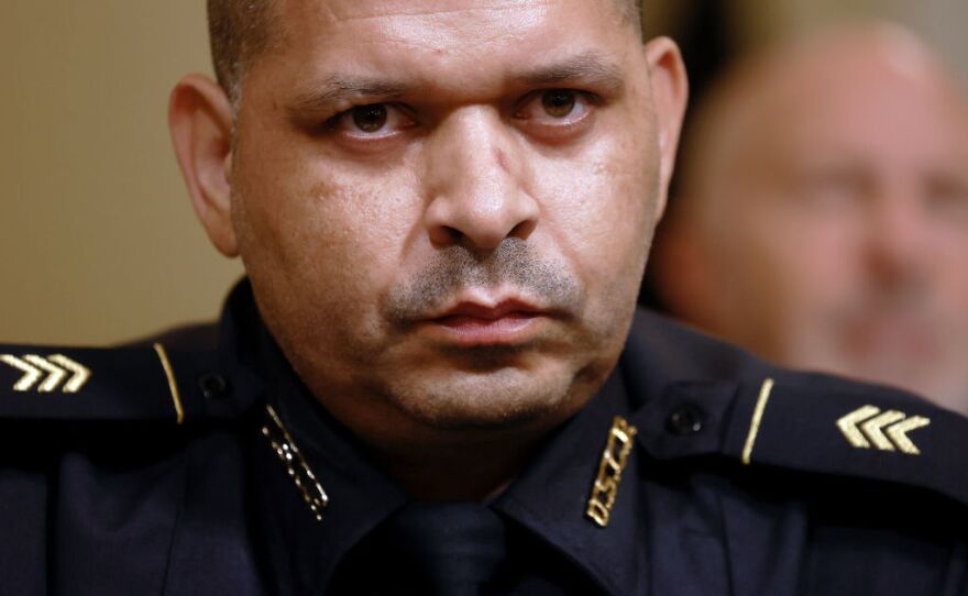 U.S. Capitol Police Sgt. Aquilino Gonell testified last July before the U.S. House Select Committee investigating the Jan. 6 attack on the U.S. Capitol. Authorities say some 140 police officers were injured during the insurrection.
