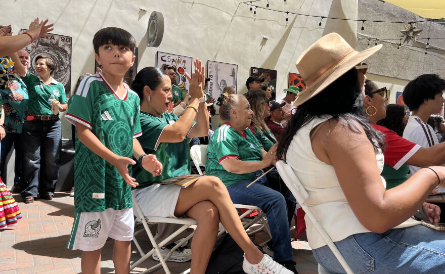 Mexican soccer fans wear their team's kits during a watch party at the Consulate General of Mexico in San Diego, June 11, 2026.