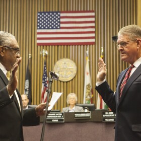 San Diego County Treasurer-Tax Collector Dan McAllister gets sworn in at the County Administration building, Jan. 5, 2015. 