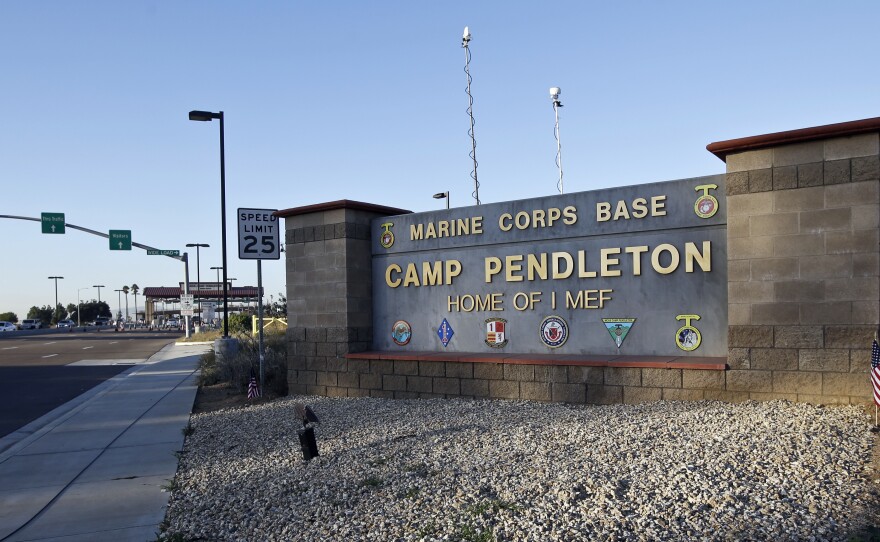 This Nov. 13, 2013 file photo shows the main gate of Camp Pendleton Marine Base in Southern California. Eight service members are presumed dead after their amphibious vehicle sank Thursday.