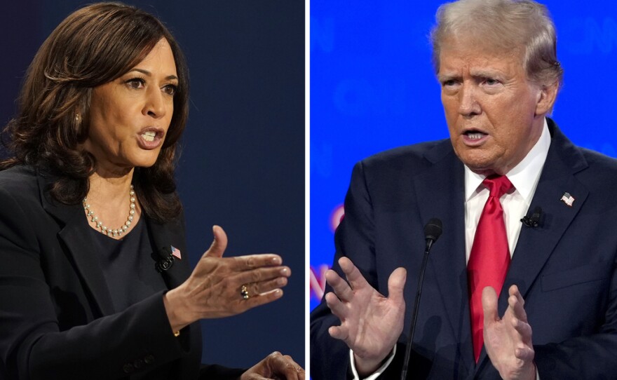 En esta combinación de fotos, la candidata a la vicepresidencia, la senadora Kamala Harris, habla durante un debate, el 7 de octubre de 2020, en Salt Lake City, izquierda, y el candidato presidencial republicano, el expresidente Donald Trump, habla durante un debate, el 27 de junio de 2024, en Atlanta. (AP Foto)
