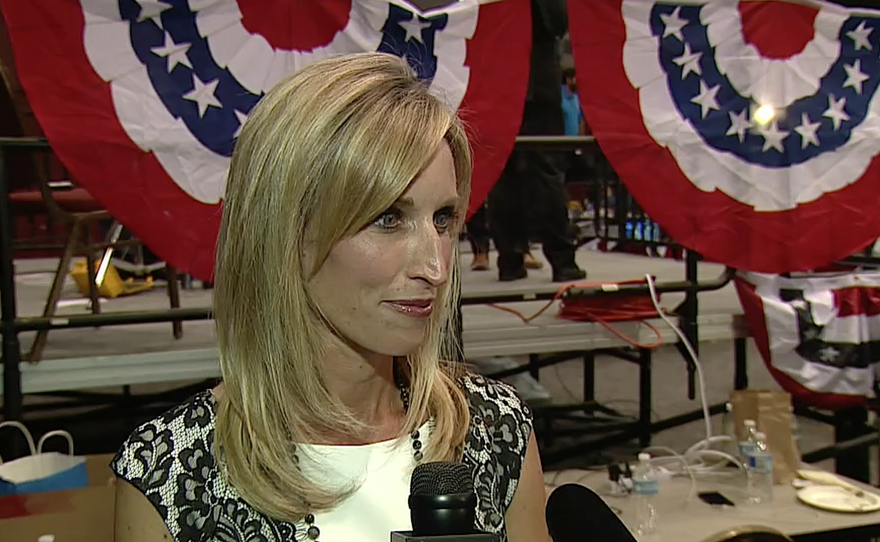 San Diego County supervisor candidate Kristin Gaspar talks to KPBS during election night at Golden Hall in downtown San Diego, Nov. 8, 2016.