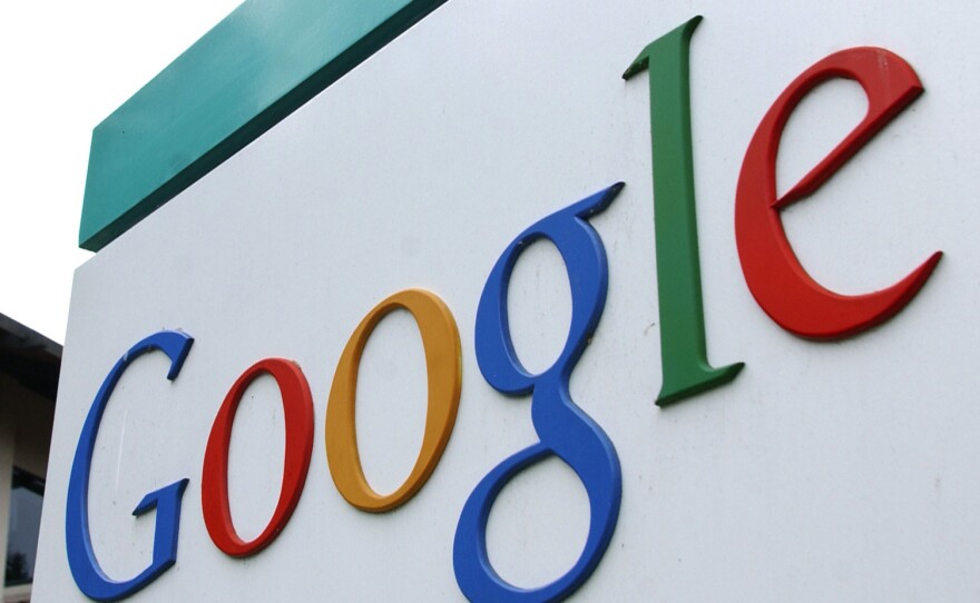 Google's logo is seen outside its headquarters building in Mountain View, Calif.