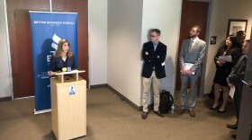 San Diego County District Attorney Summer Stephan speaks outside a conference room at the Better Business Bureau, Dec. 3, 2018. 