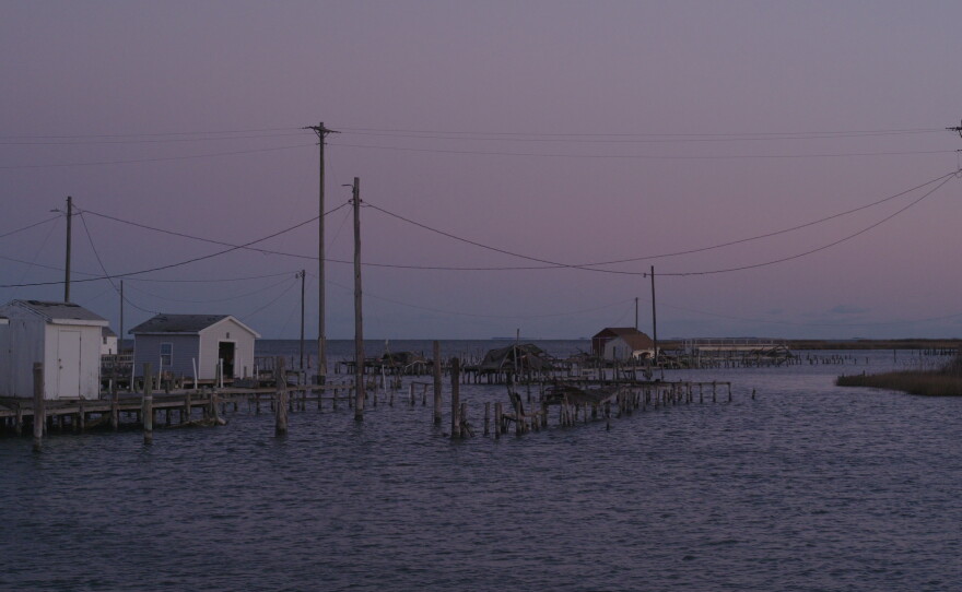 Early morning view of the crab shacks that surround Tangier Island.