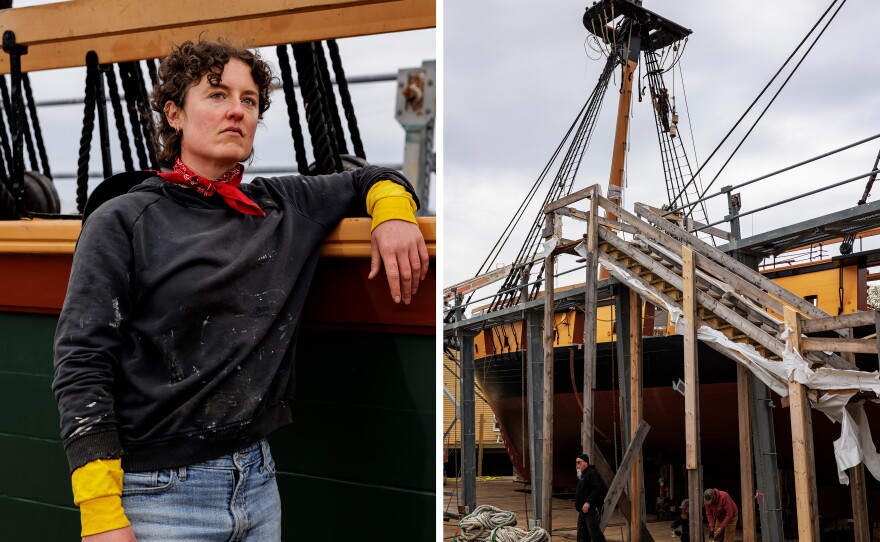 Left: Lillian Kiser Taylor is the third mate on the USS Niagara. Right: The vessel on blocks at Bristol Marine's Samples Shipyard as crew members complete final preparations for launch.
