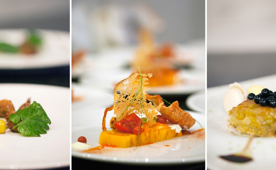 From left to right, three dishes from the Tomato Showcase dinner at the Culinary Vegetable Institute: green tomatoes, pickled and fried, with tomato leaves; tomato salad; and a dessert inspired by Caprese salad.