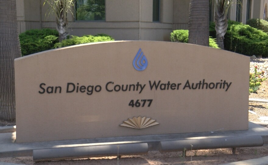 The sign in front of the San Diego County Water Authority headquarters in Kearny Mesa, July 13, 2023.
