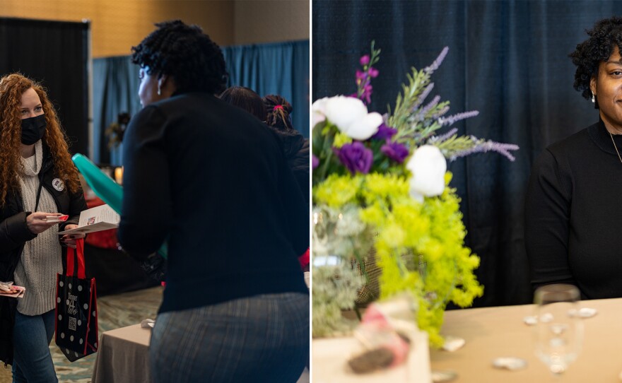 Latasha Beckett of Southern Belle Pastry hands out tastings during the Great Bridal Expo, "ecstatic" that the wedding business has picked up again, after two years of little to no business.